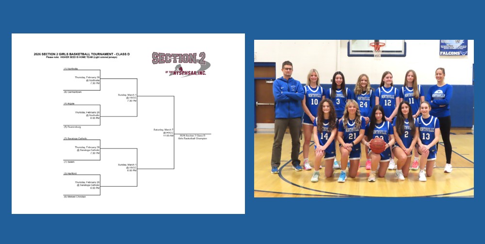 Girls' Varsity Basketball team photo and Sectionals bracket for web slide