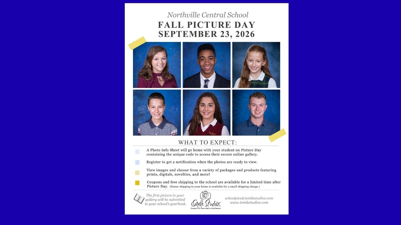 A web slide featuring the flyer for the Sept. 23 School Picture Day at Northville Central School.