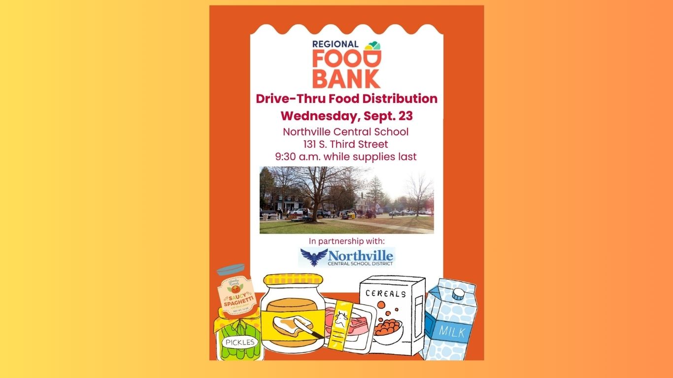 A web slide featuring the flyer for the Sept. 23 Regional Food Bank Food Distribution at Northville Central School.