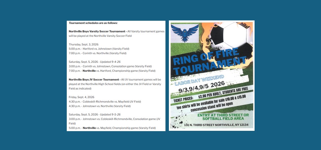 A web slide showing the updated Saturday schedule for the Ring of Fire 5K Soccer Tournaments at Northville Central School