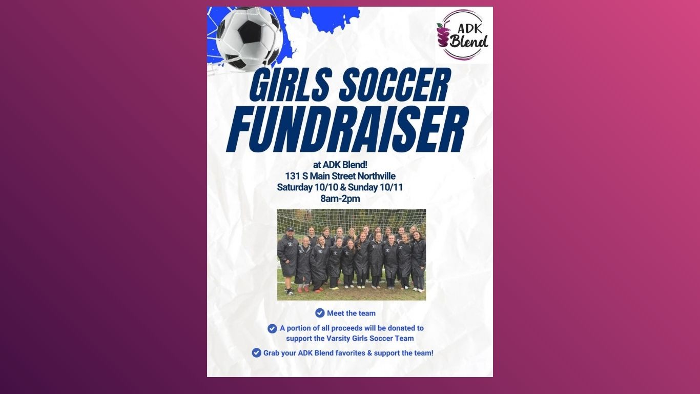 A web slide featuring the flyer for the Northville Girls' Varsity Soccer fundraiser at ADK Blend Oct. 10-11.