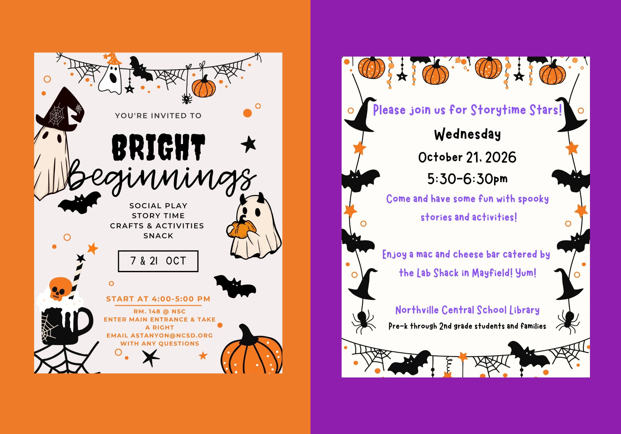 A web slide featuring the flyers for the Oct. 21 meetings of Bright Beginnings and Storytime Stars.