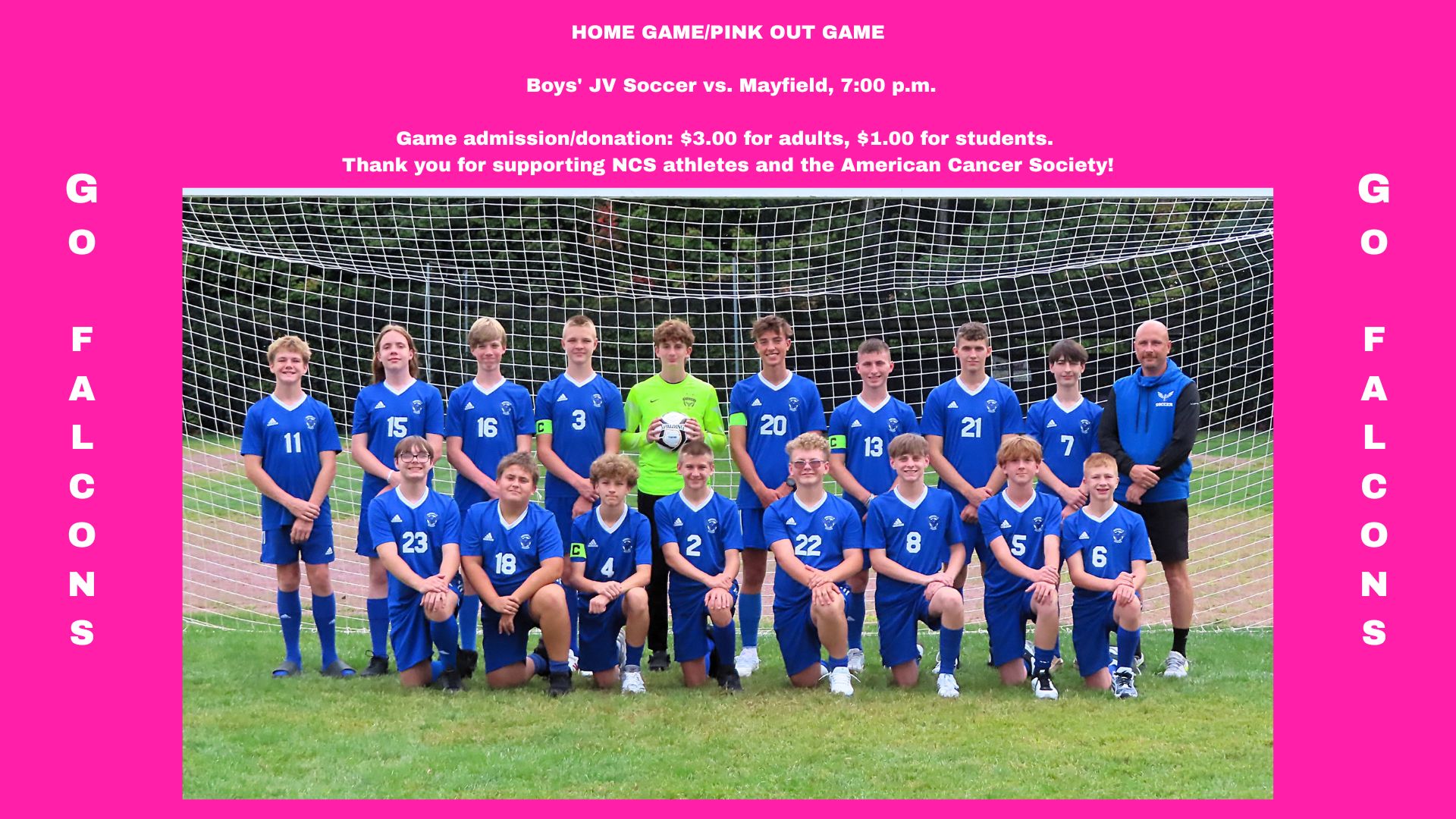 A web slide providing the details of the Oct. 19 Boys' JV Soccer Pink Out Game.