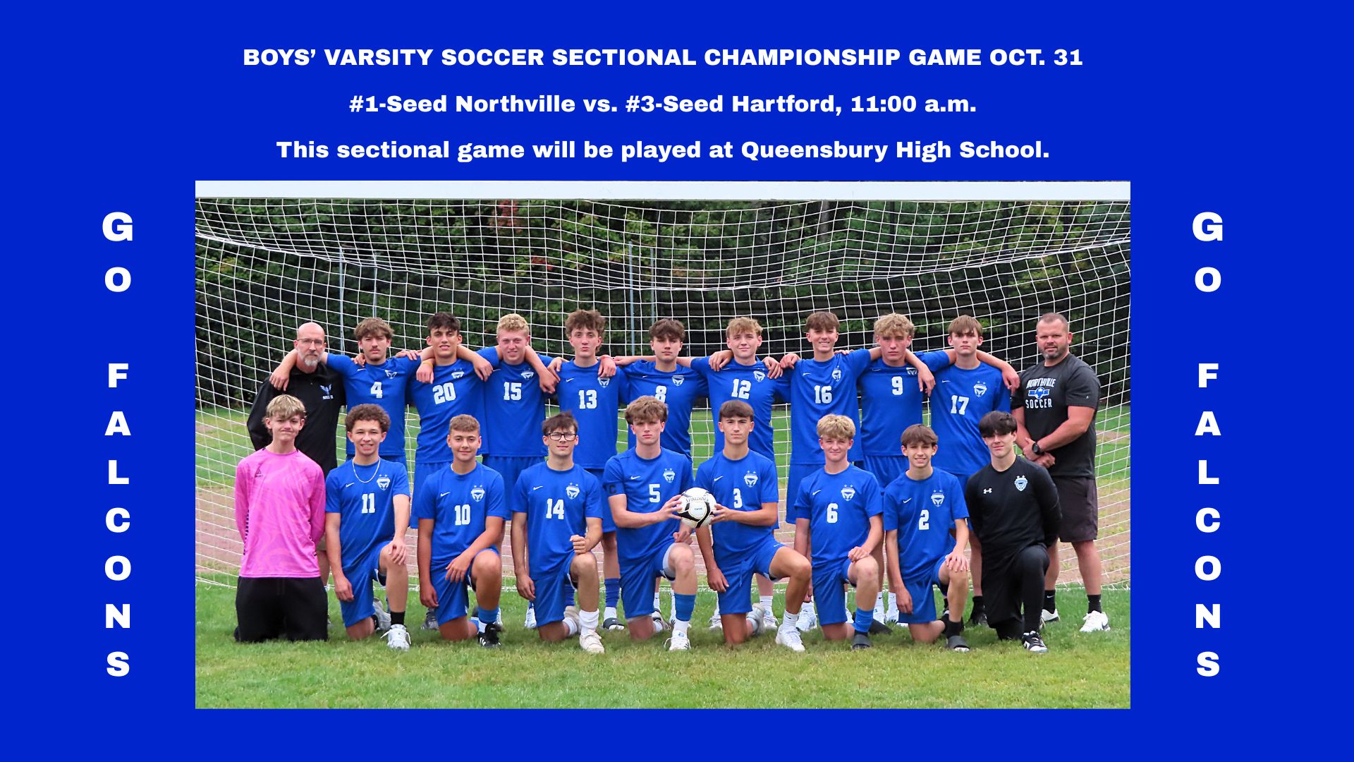 A web slide showing a team photo and details of the Northville Boys' Varsity Soccer team's sectional championship game.
