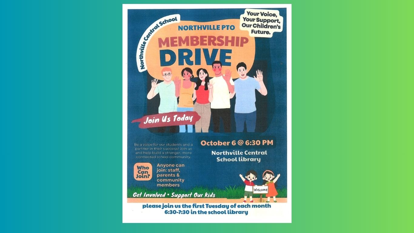 A web slide showing the flyer for the Oct. 6 Northville Central School PTO Membership Drive.