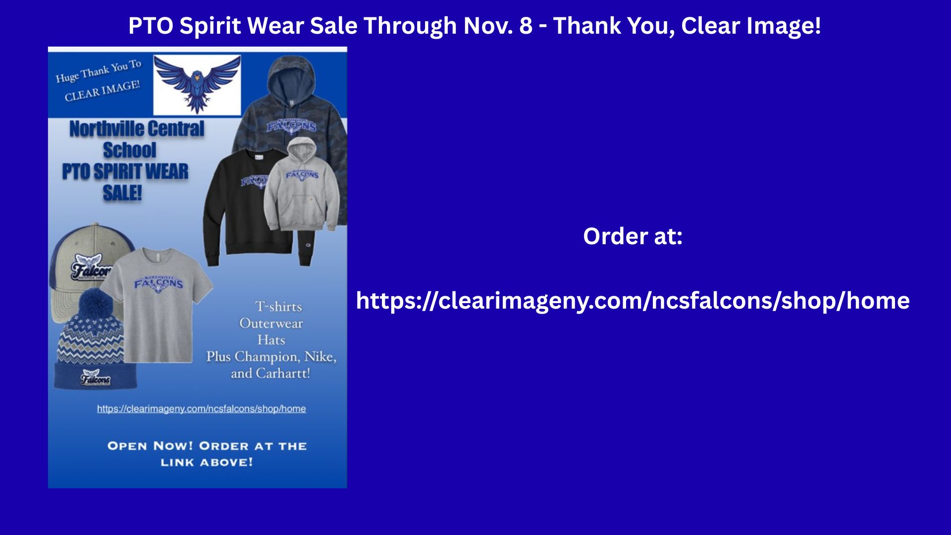 A web slide giving details about the Northville Central School PTO Spirit Wear Sale.