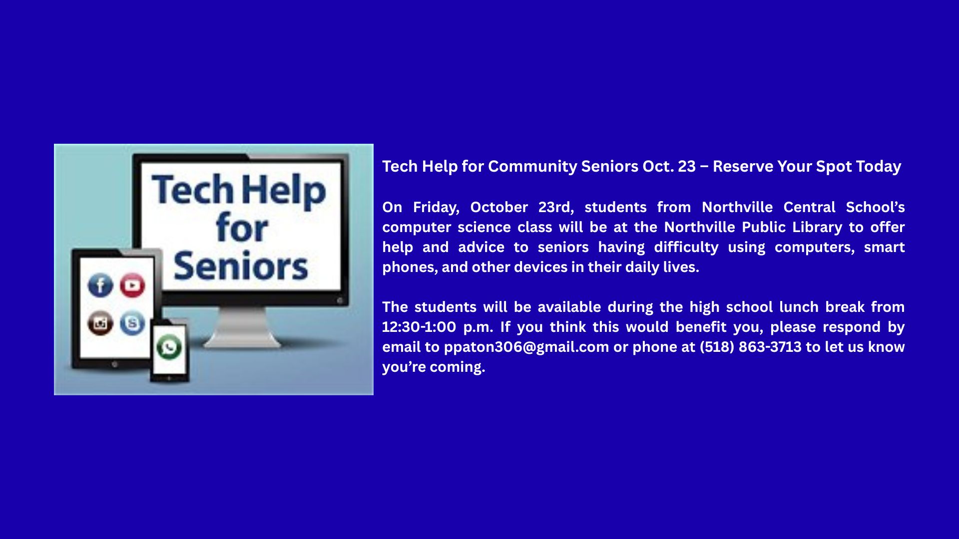 A web slide detailing the upcoming Tech Help for Seniors event at the Northville Public Library.