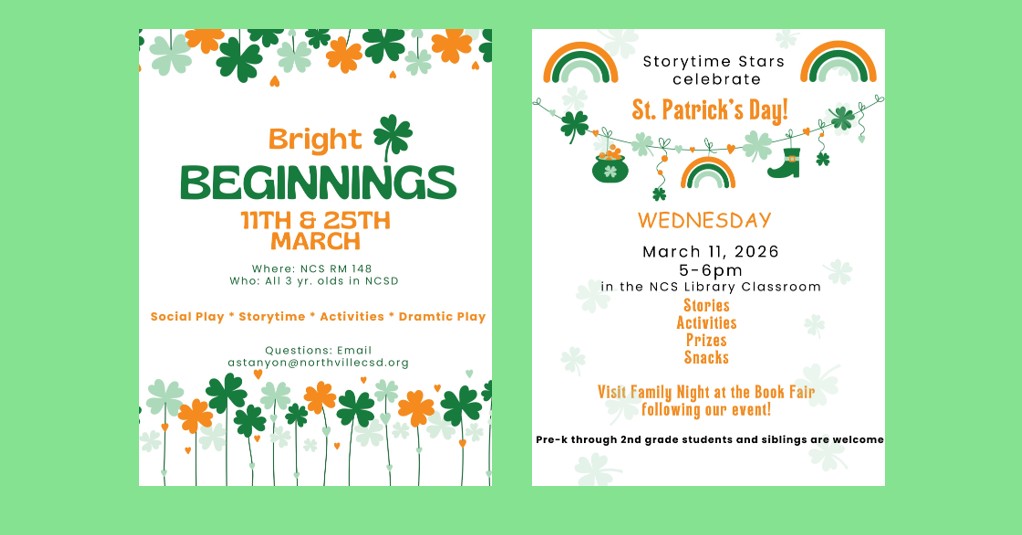 March flyers for Bright Beginnings and Storytime Stars for web slide
