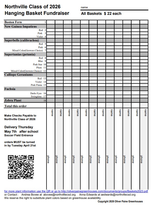 2026 Hanging Basket Fundraiser order form