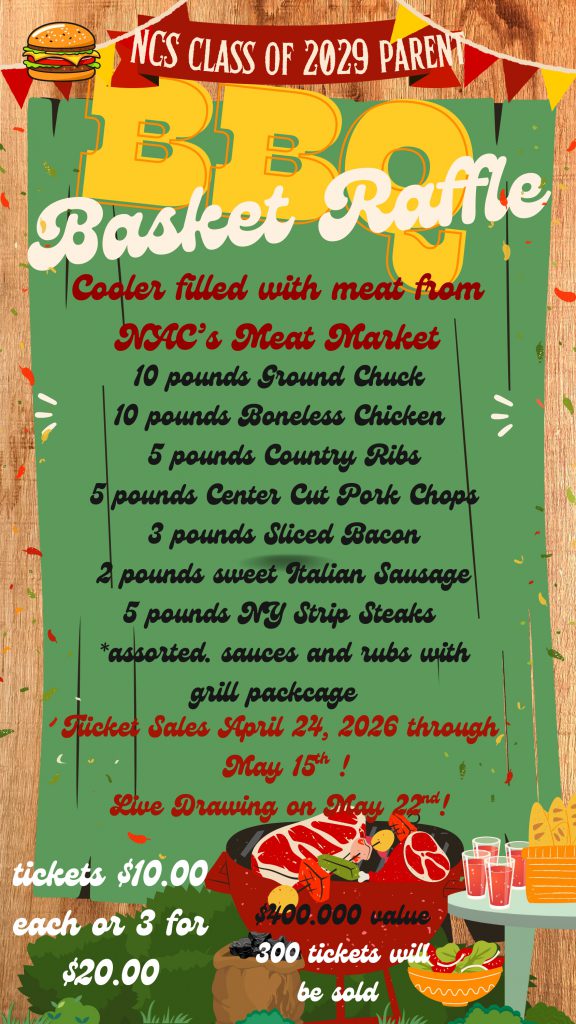 Flyer for the 4-24 through 5-15 BBQ Basket Raffle Fundraiser, Class of 2029