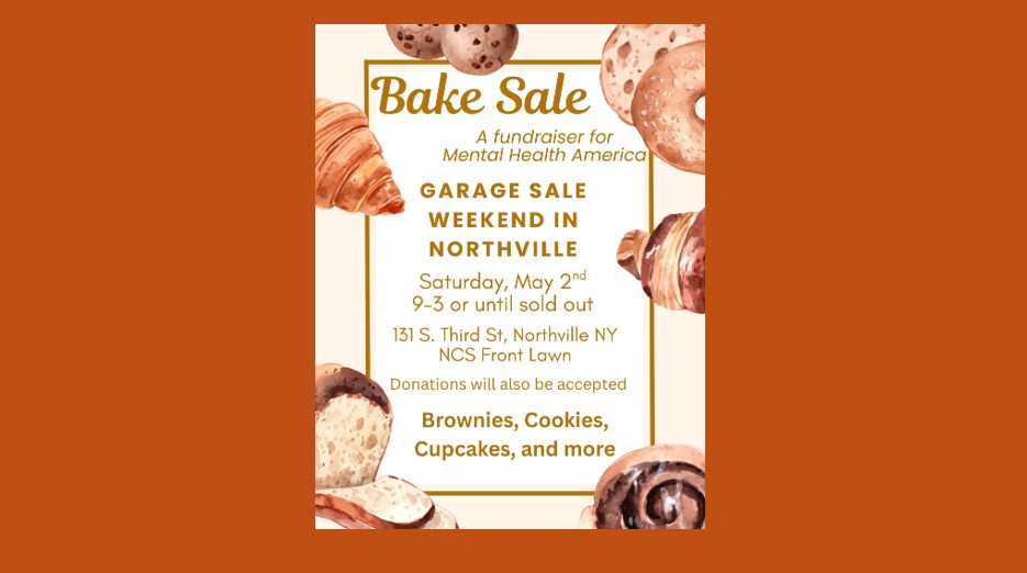 A web slide with a flyer for the 5-2-26 Community Leadership Bake Sale at Northville Central School