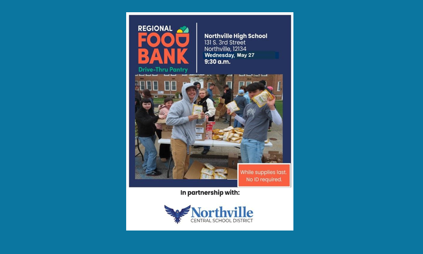 A web slide for the flyer for the 5-27-26 Drive-Thru Food Pantry at Northville Central School