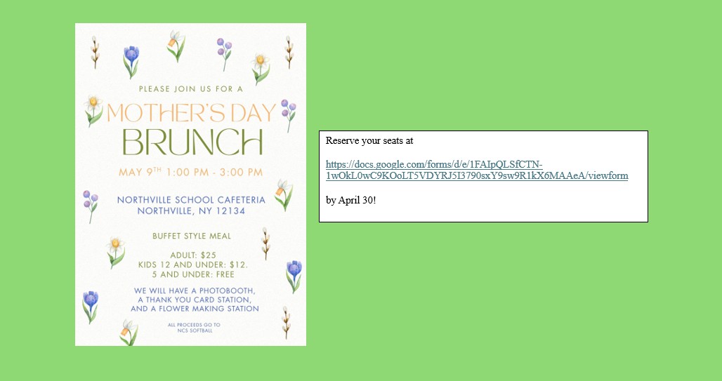 A web slide with a flyer and reservation link for the 5-9-26 Mother's Day Brunch at Northville Central School