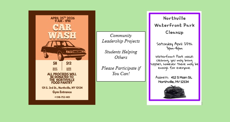 Slide with flyers for Community Leadership Car Wash and Community Leadership Park Cleanup on 4-25-26