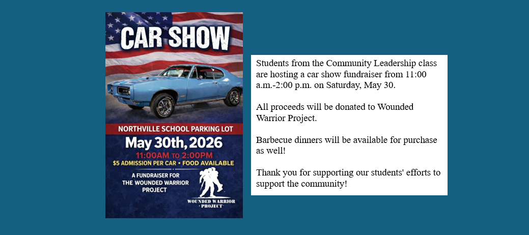 A graphic showing the flyer and description for the 5-30-26 Community Leadership Car Show
