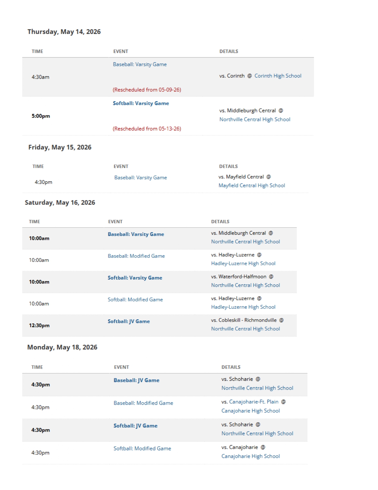 NCS Sports Schedule May 14-18
