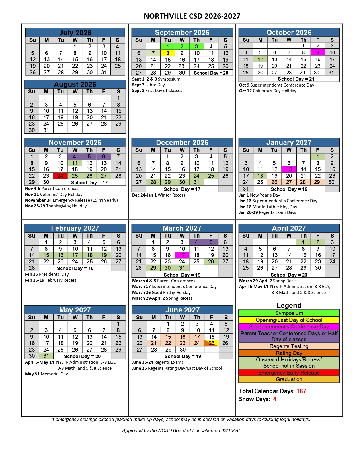 2026-27 School Year Calendar for Northville Central School District