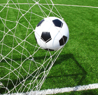A photo of a soccer ball hitting the back of the net.