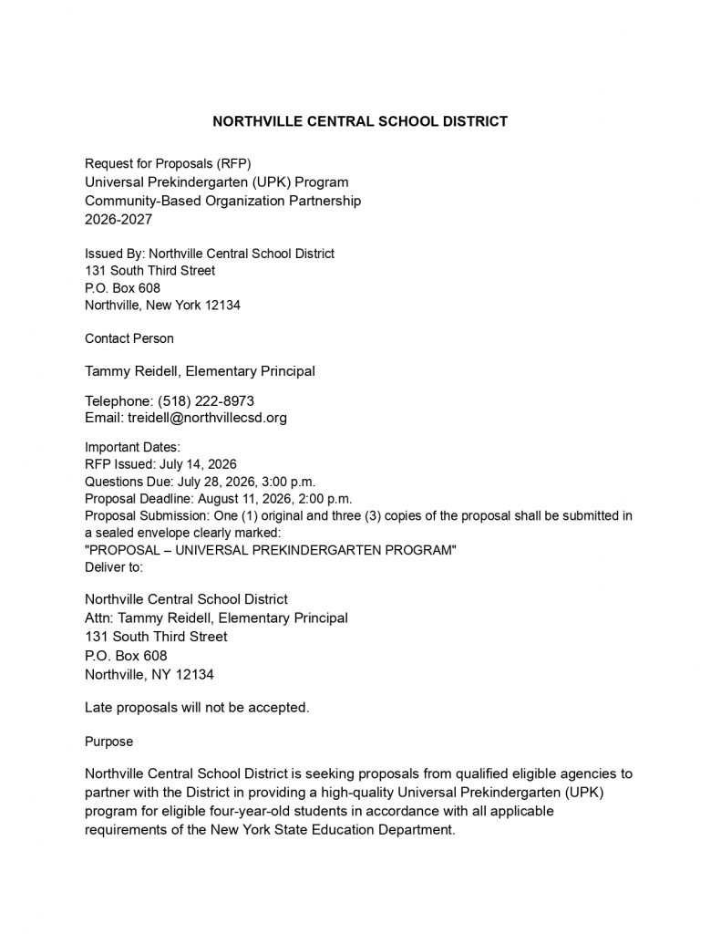 NORTHVILLE CENTRAL SCHOOL DISTRICT PreK RFP Cover Page