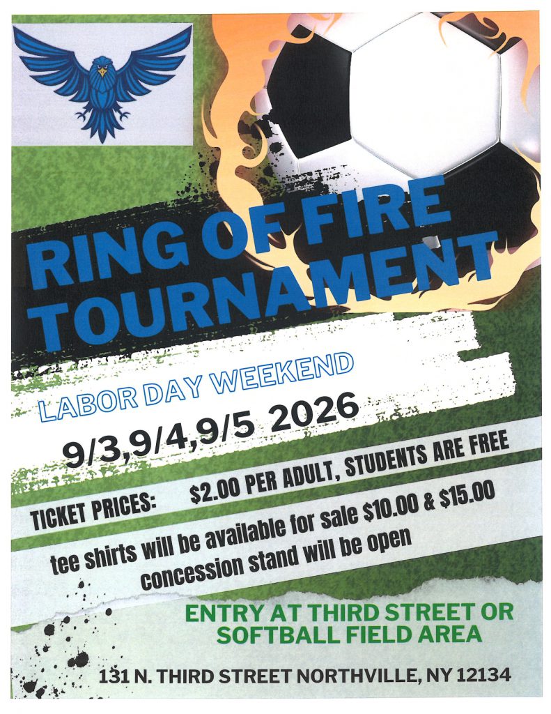 A flyer for the Sept. 3-5 Ring of Fire 5K Soccer tournament at Northville Central School.