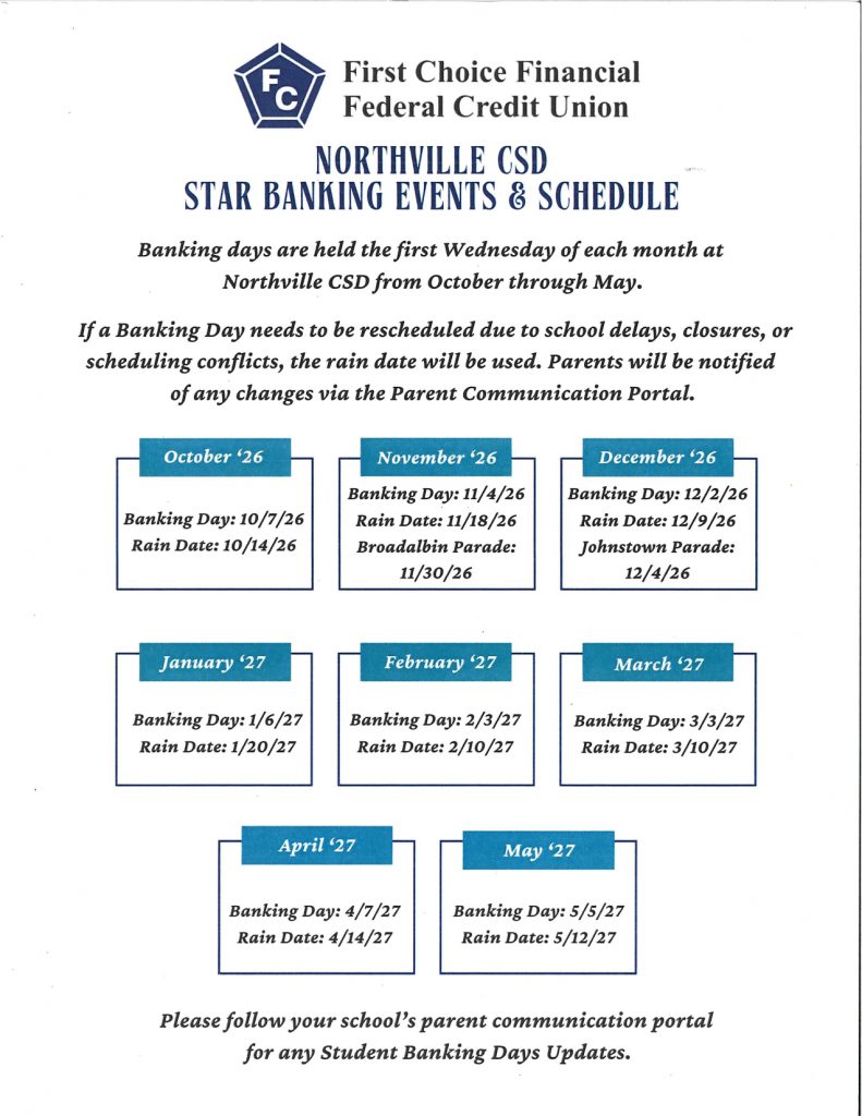 A photo of the schedule for the FCFFCU STAR Banking program at Northville Central School.