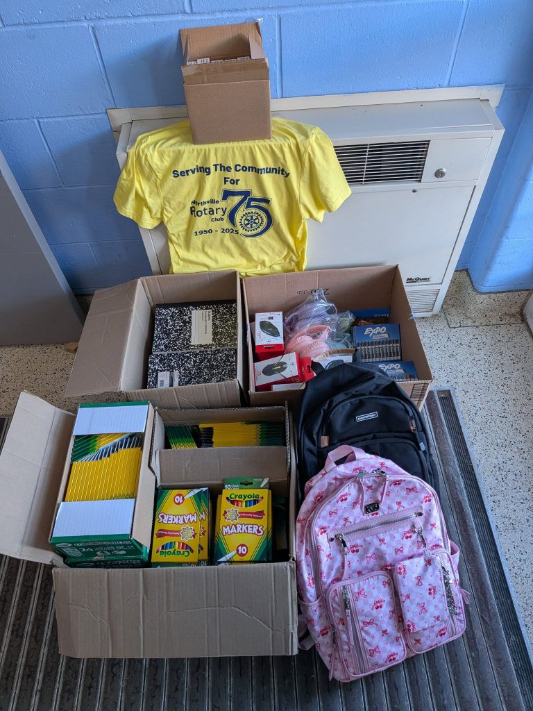 An image showing school supplies donated to Northville Central School by the Northville Rotary Club.
