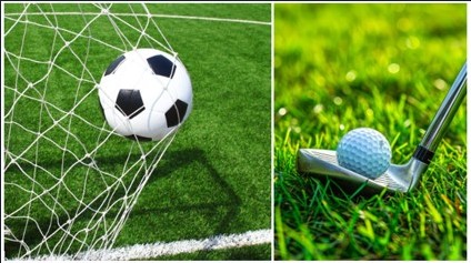 A two-photo collage of a soccer ball hitting the net and a golf iron hitting a golf ball.