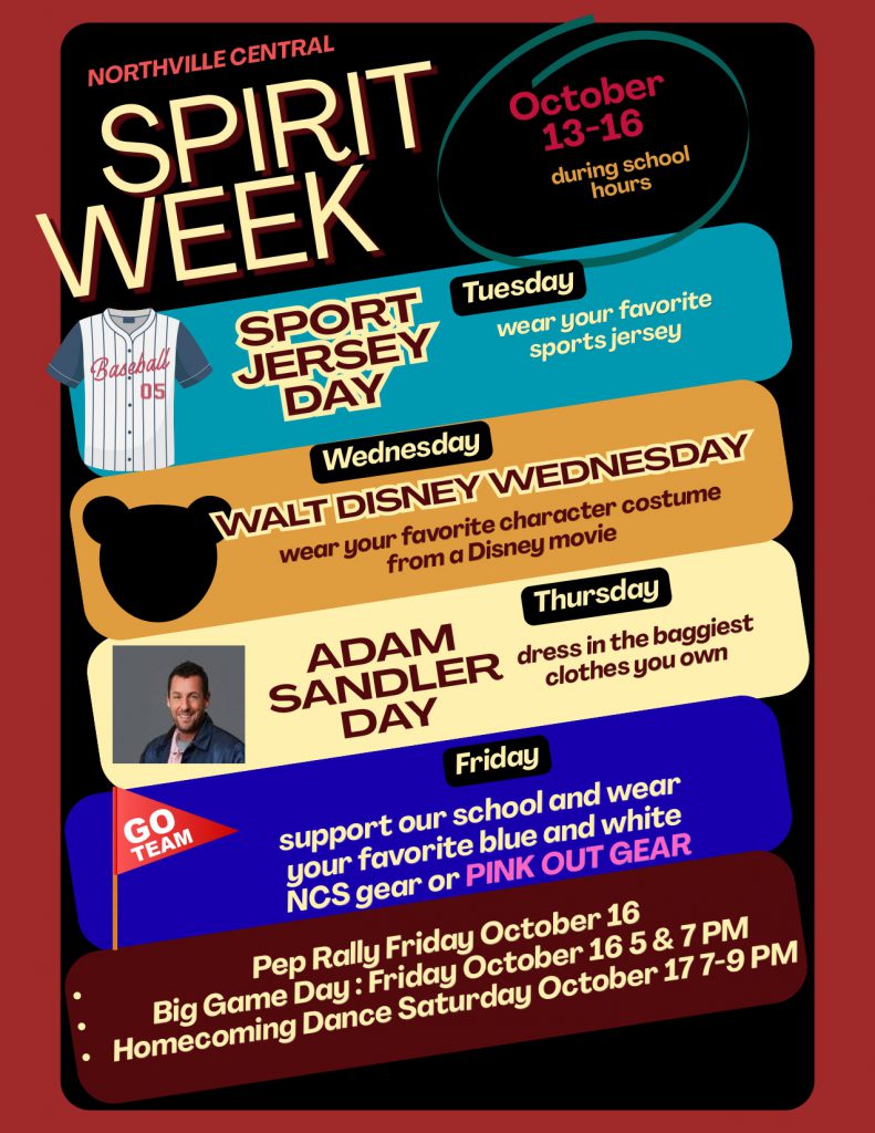 A flyer for the Oct. 13-17 Spirit Week at Northville Central School.