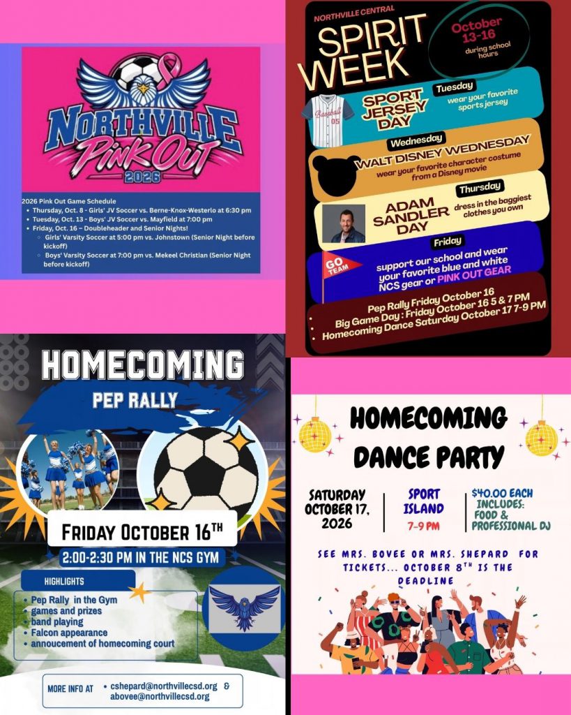 A collage of flyers for Homecoming Week events at Northville Central School.