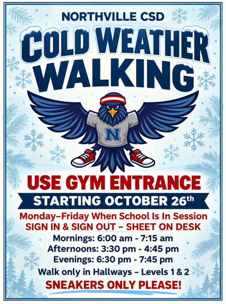 A flyer for the Cold Weather Walking program, beginning Oct. 26 at Northville Central School.
