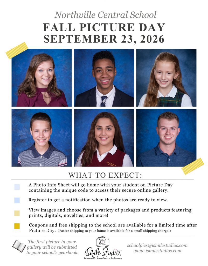 A flyer for the Sept. 23 school picture day at Northville Central School.