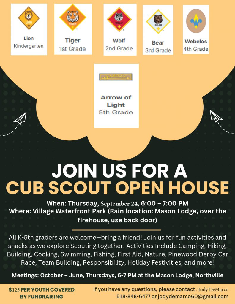 A flyer for the Sept. 24 Cub Scout Open House at Waterfront Park.