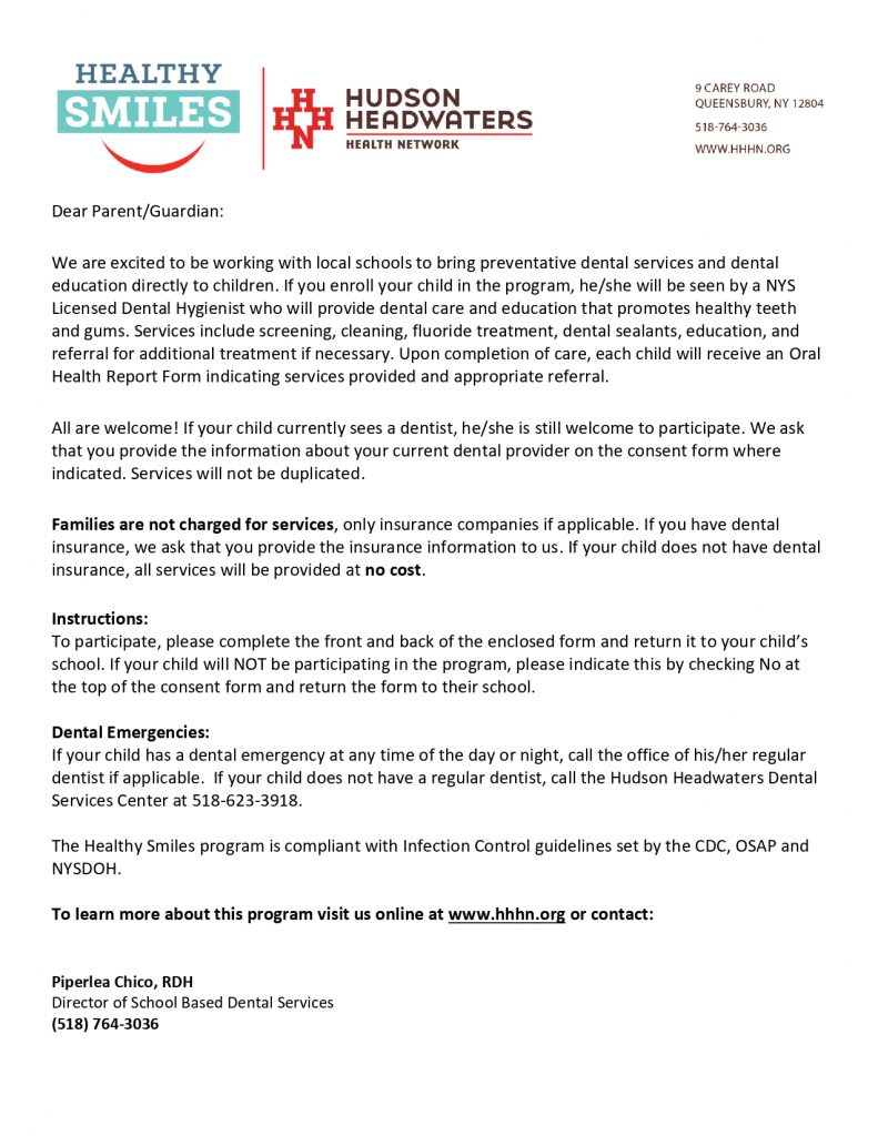 A photo of an informational letter for the Healthy Smiles program at Northville Central School.