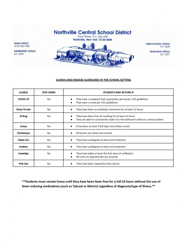 A document showing the Illness Guidelines from the Health Office of Northville Central School.