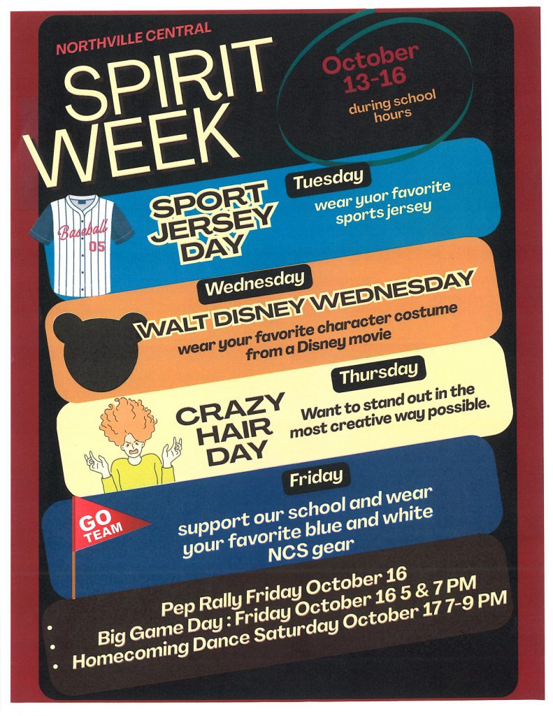 A flyer for the Northville Central School Homecoming Spirit Week.