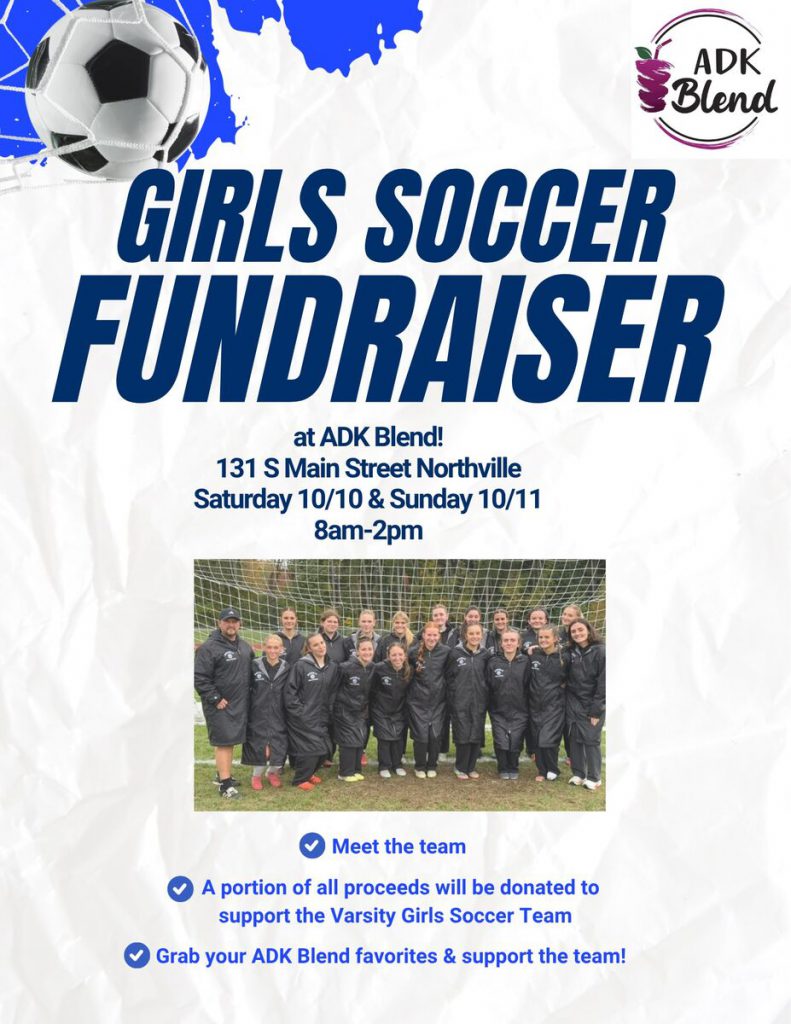A flyer for the Northville Girls' Varsity Soccer fundraiser at ADK Blend Oct. 10-11.