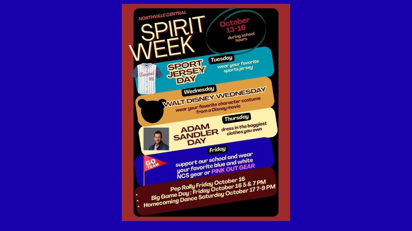 A web slide featuring the flyer for Spirit Week at Northville Central School.