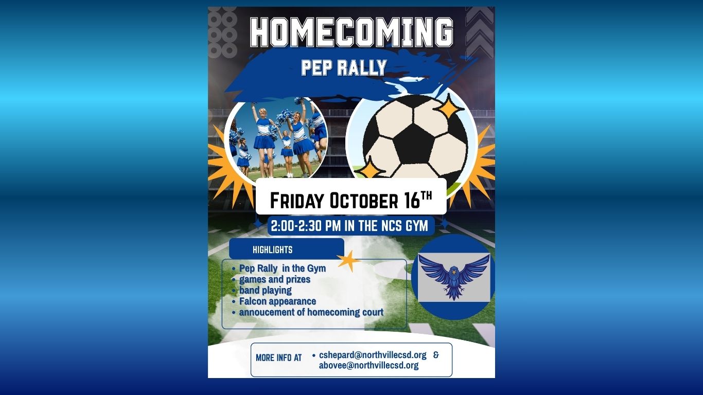 A web slide featuring the flyer for the 10-16 Pep Rally at Northville Central School.