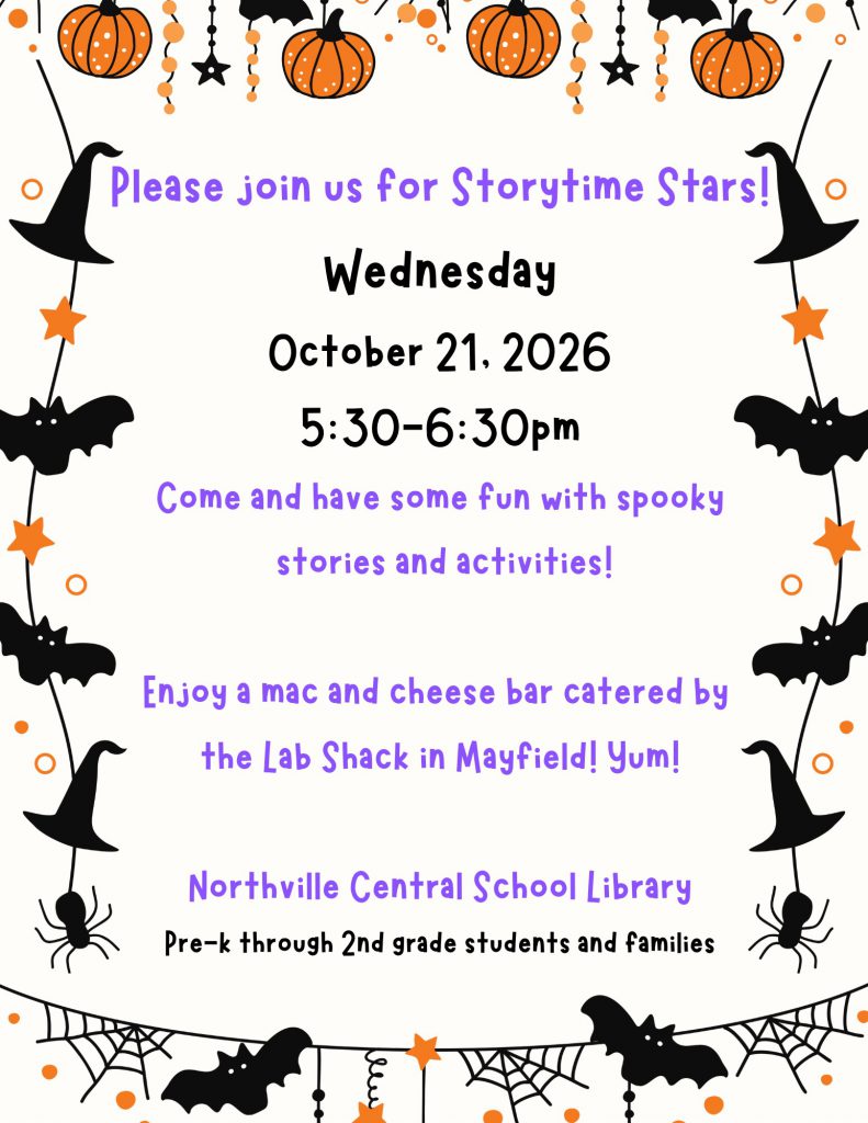 A flyer for the Oct. 21 Storytime Stars event at Northville Central School.
