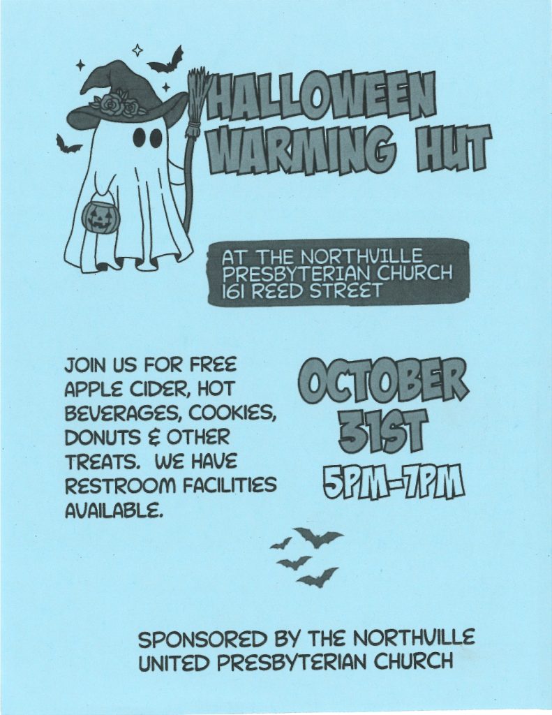A flyer for the Halloween Warming Hut at the Northville Presbyterian Church.