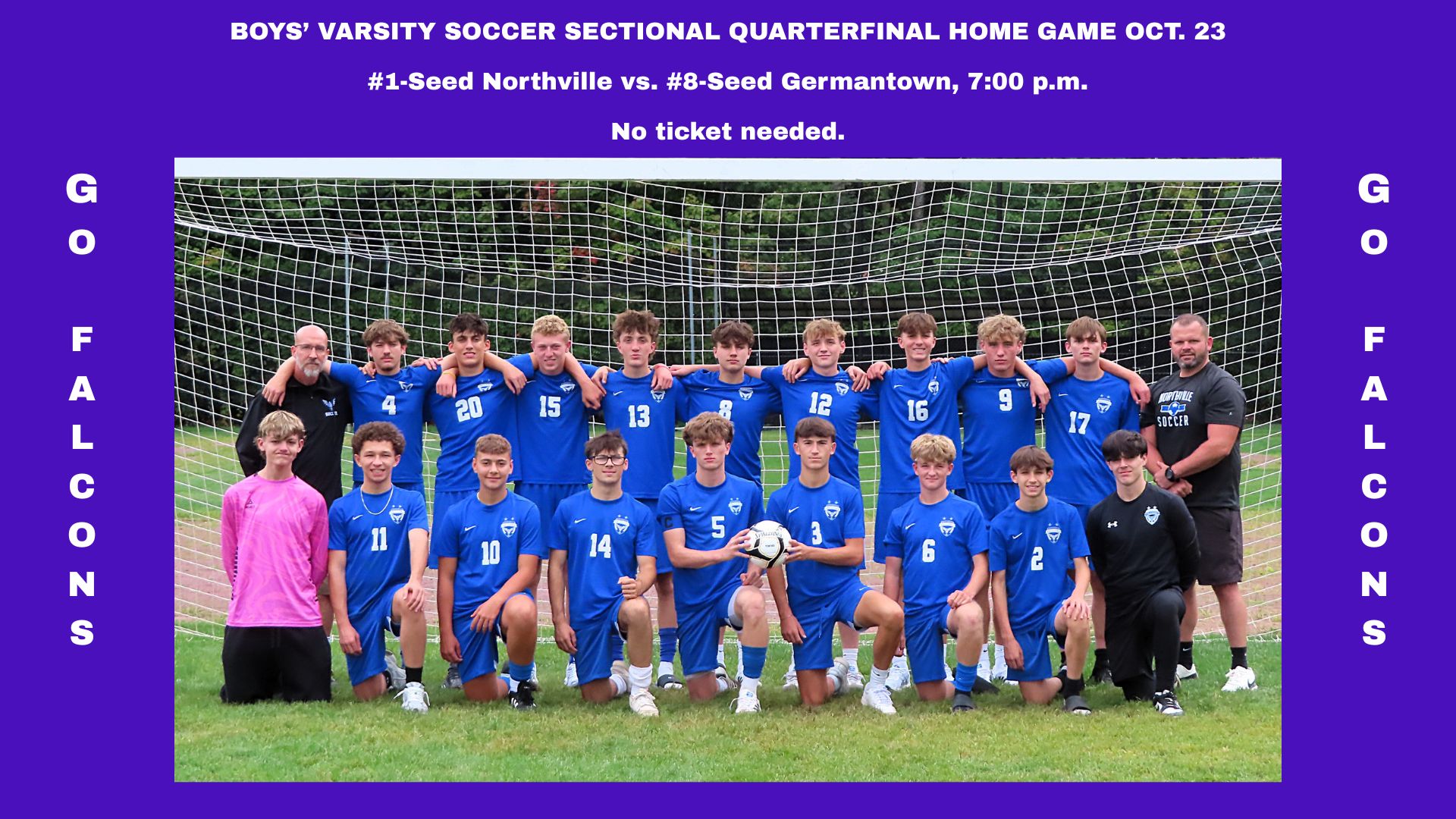 A slide with a team photo and details for the Northville Boys' Varsity Soccer Sectional Quarterfinal game on 10-23.