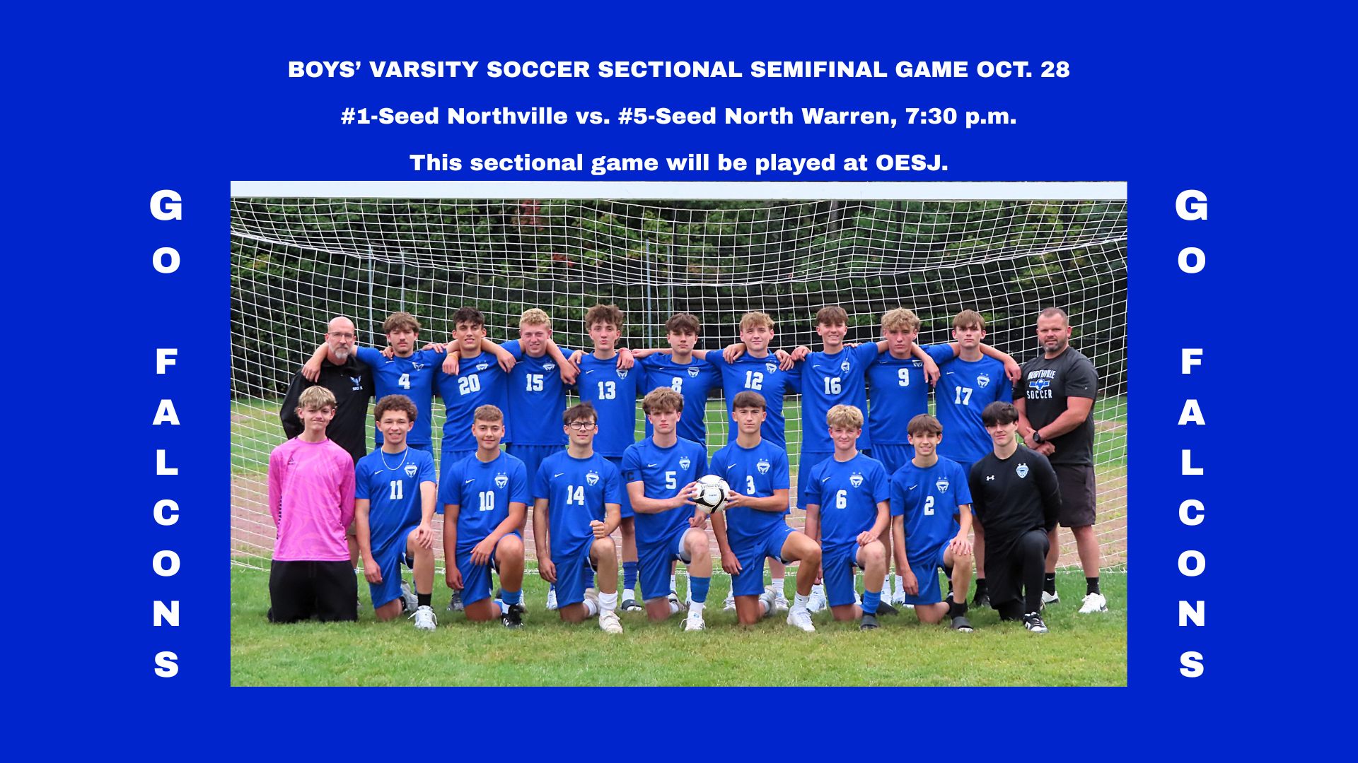 A web slide showing a team photo and details of the Northville Boys' Varsity Soccer team's sectional semifinal game.
