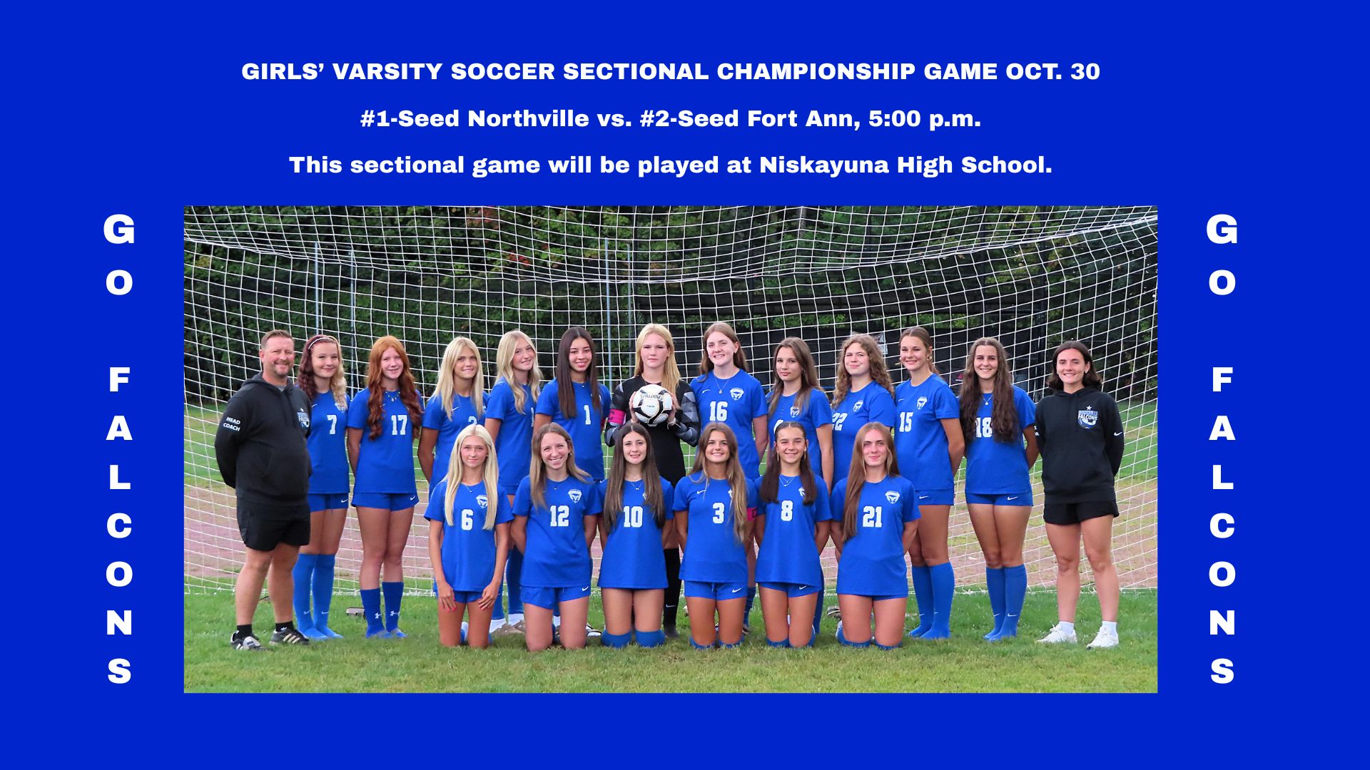 A web slide showing a team photo and details of the Northville Girls' Varsity Soccer team's sectional championship game.