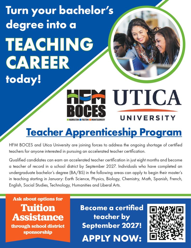 HFM BOCES and Utica U Teacher Apprenticeship Program flyer 2026