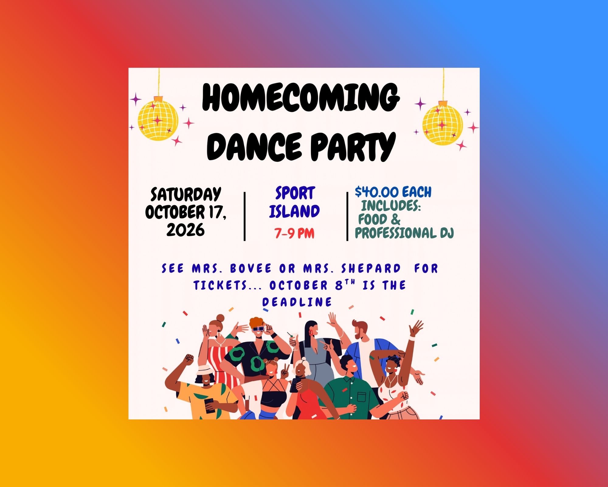 A web slide featuring the flyer for the 10-17 Homecoming Dance Party.