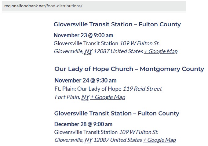 A photo of a website screen showing November and December Fulton-Montgomery RFB Food Distributions