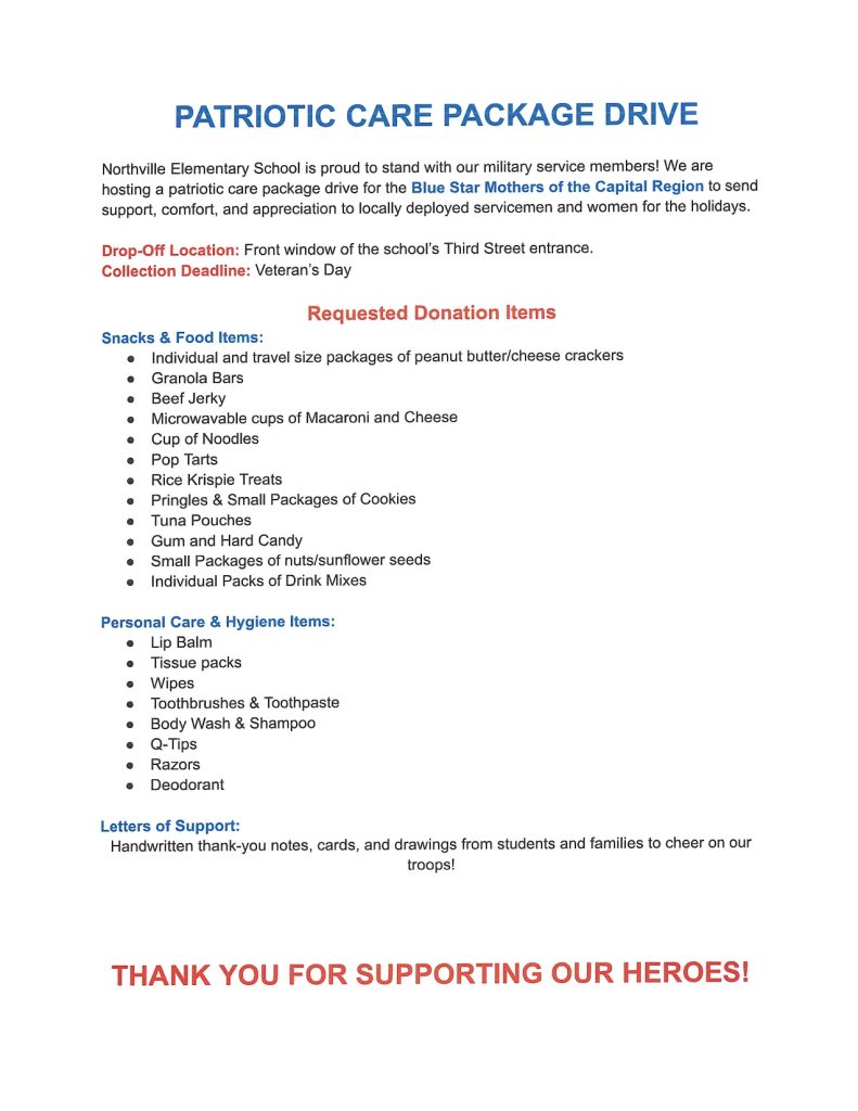 A list of donation items for the Blue Star Mothers Care Package drive at Northville Central School.